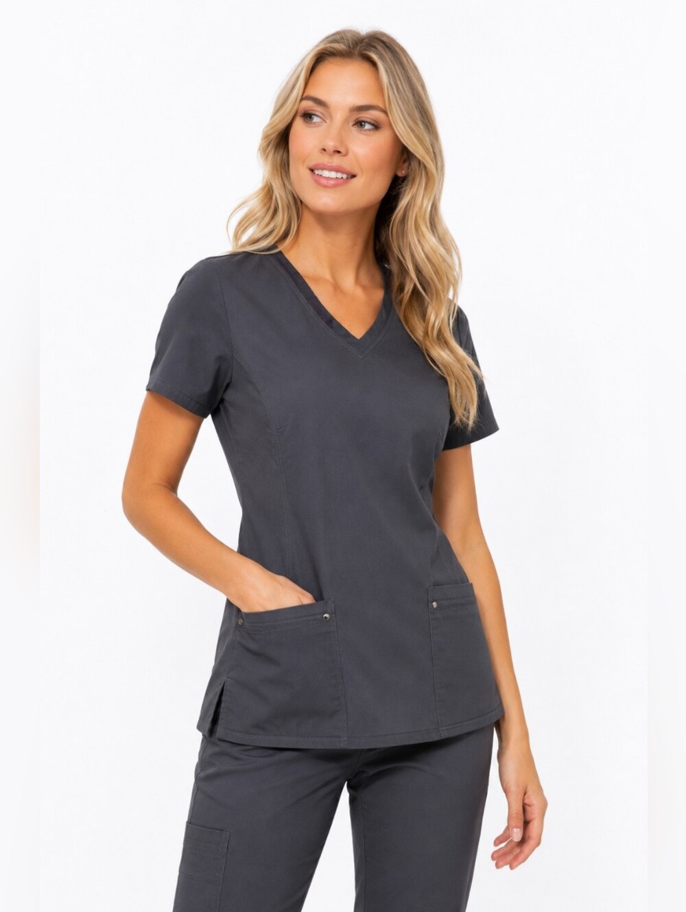 Purple Label Yoga Healing Hands Scrub Top Small Charcoal Gray Stretch V Neck